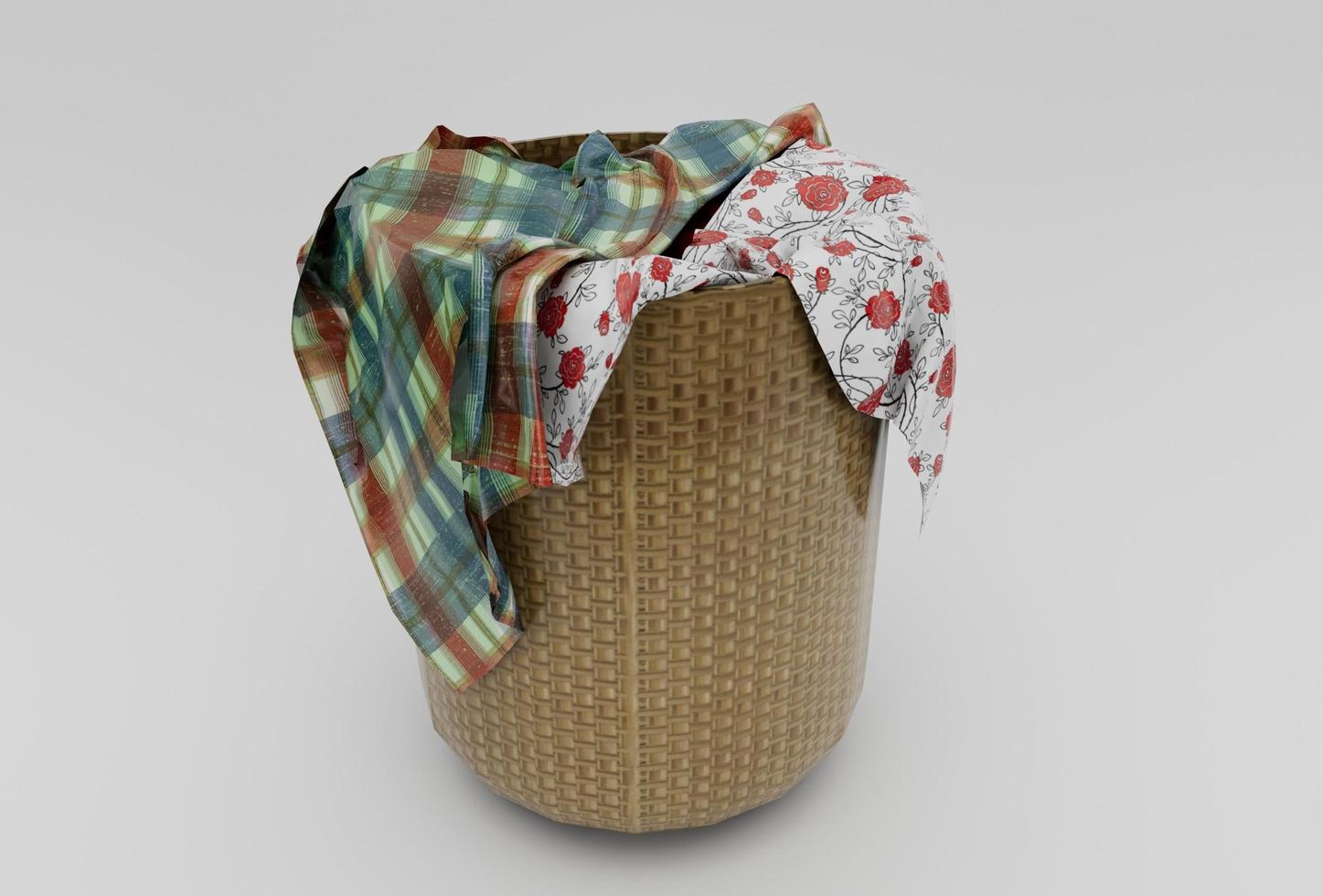 wasserij bamboe mand rieten met kleding minimaal 3d renderen Aan wit achtergrond foto