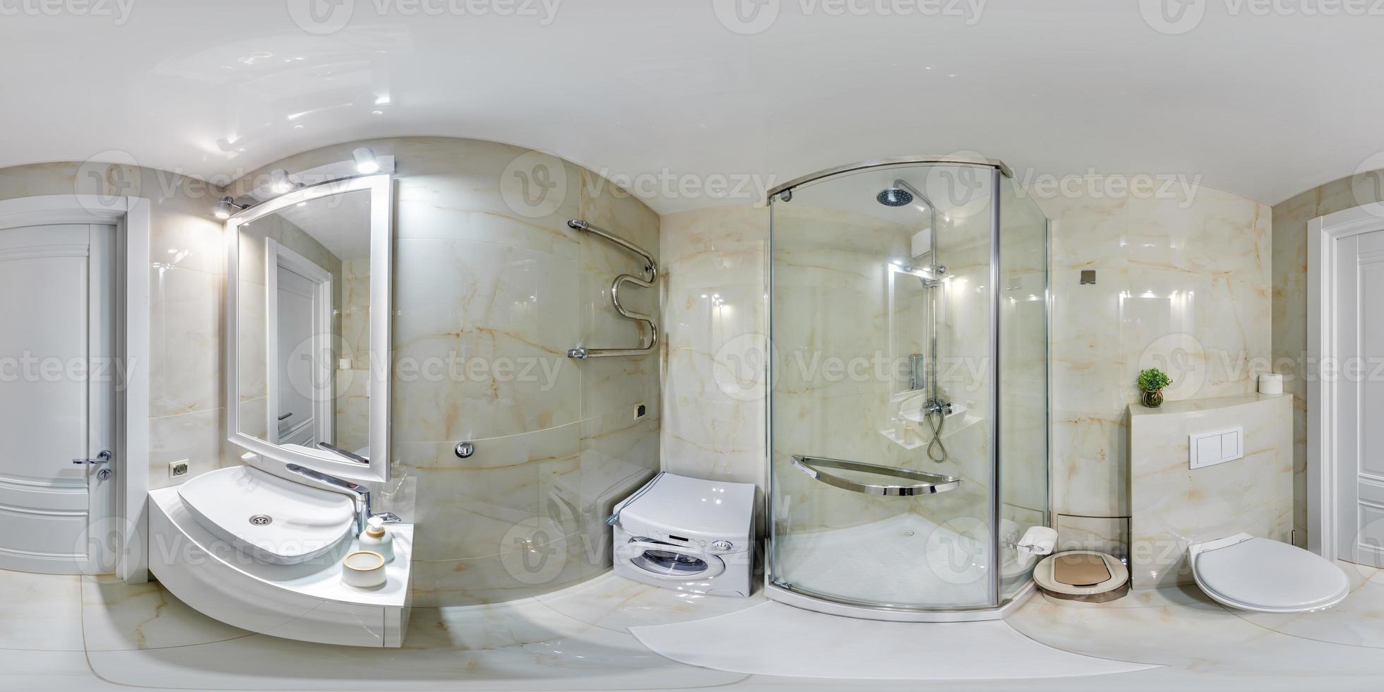 wit naadloos 360 hdri panorama in interieur van duur badkamer in modern vlak appartementen met wastafel in equirectangular projectie met zenit en nadir. vr ar inhoud foto