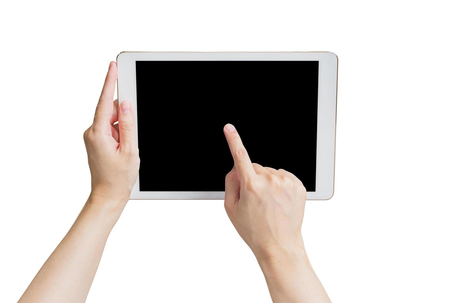 dichtbij omhoog hand- vrouw Holding tablet en touch screen Aan geïsoleerd wit met knipsel pad. foto