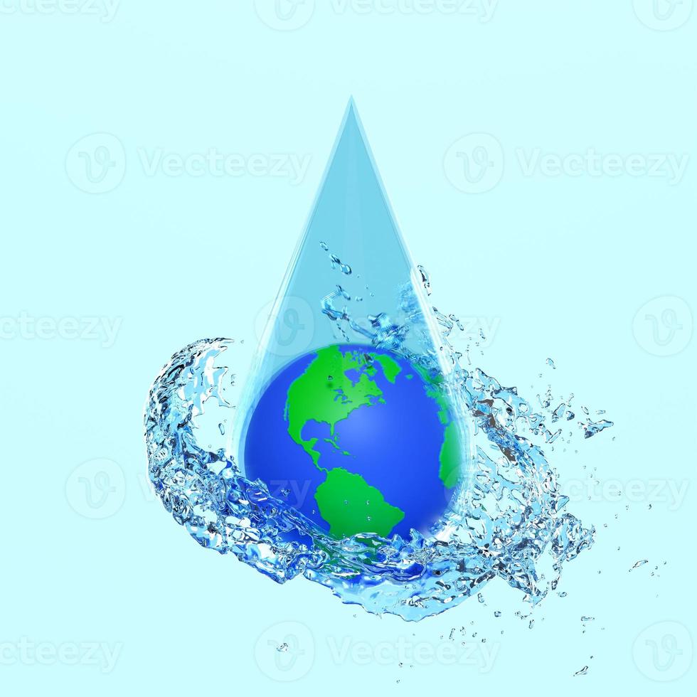 3d wereld water dag concept met aarde in water druppel, water plons, Doorzichtig blauw water verspreide in de omgeving van geïsoleerd Aan blauw achtergrond. 3d geven illustratie foto