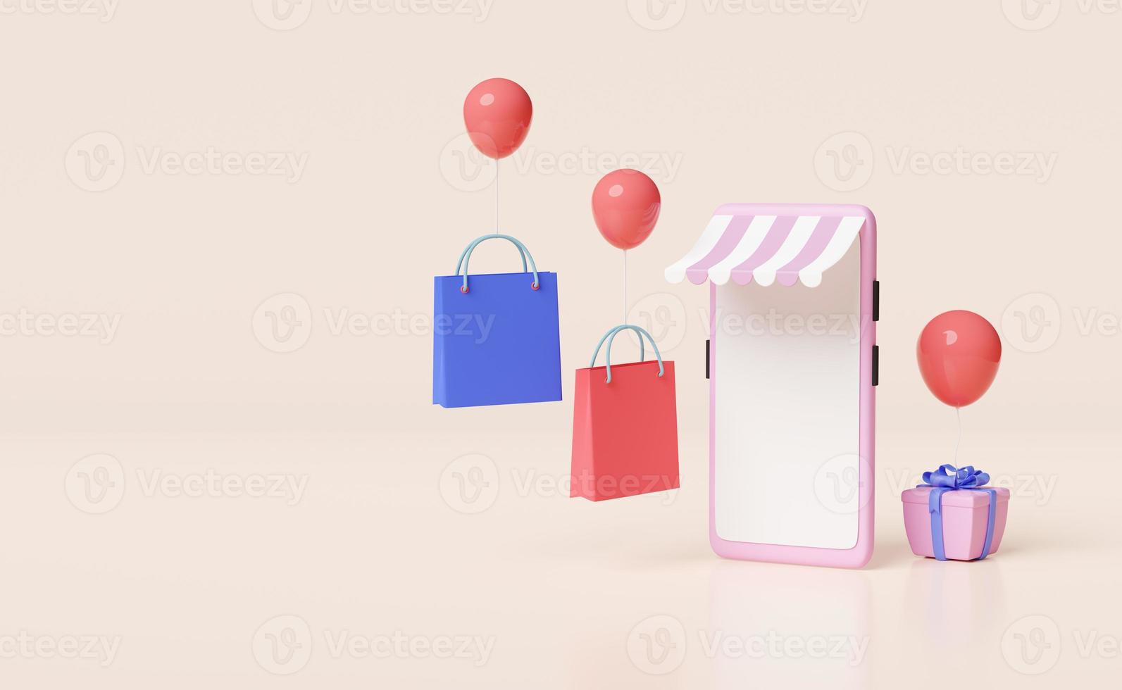 mobiel telefoon of smartphone met op te slaan voorkant, winkelen papier tassen, ballon, geschenk doos geïsoleerd Aan biege achtergrond, franchise bedrijf of online boodschappen doen concept,3d illustratie of 3d geven foto