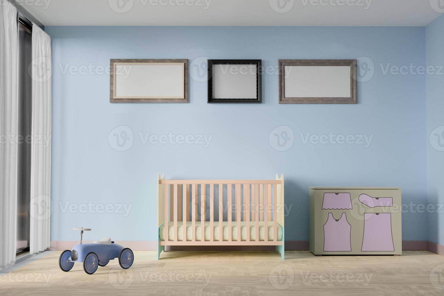 3D-weergave van een babyslaapkamer met fotolijsten foto