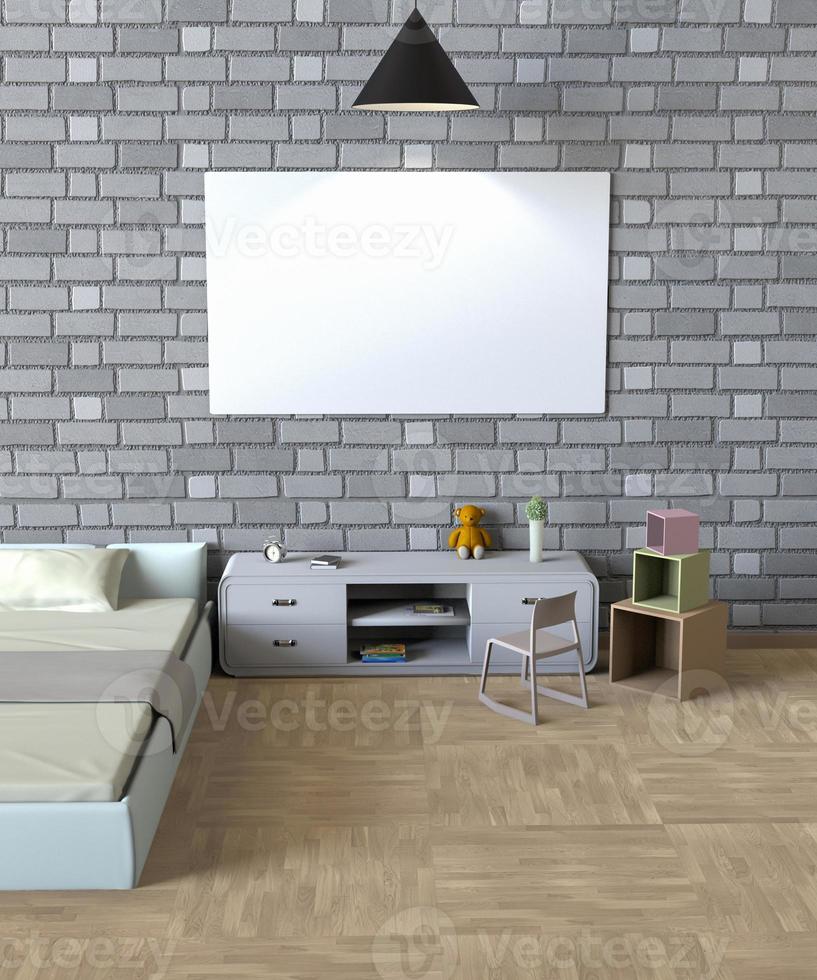 3D-weergave van mock up poster in een slaapkamer foto