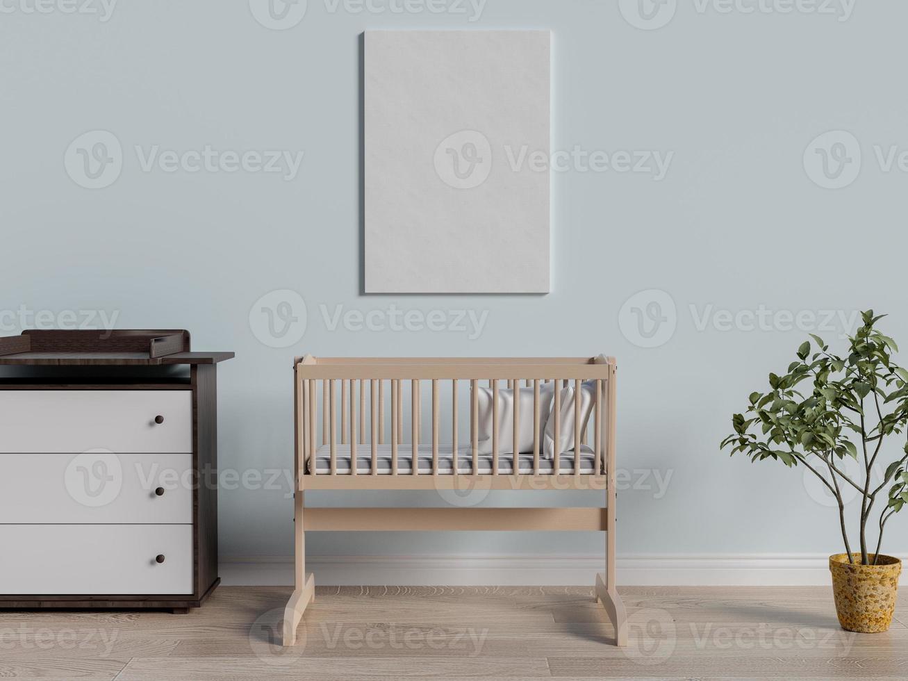 3D-weergave van mock up poster in een babyslaapkamer foto