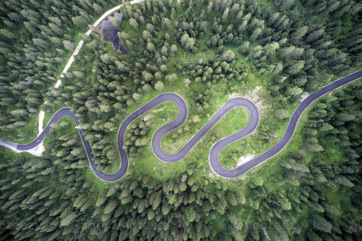top antenne visie van beroemd slang weg in de buurt passo giau in dolomiet Alpen. kronkelend bergen weg in weelderig Woud met groen net in zomer tijd in de dolomieten, Italië foto