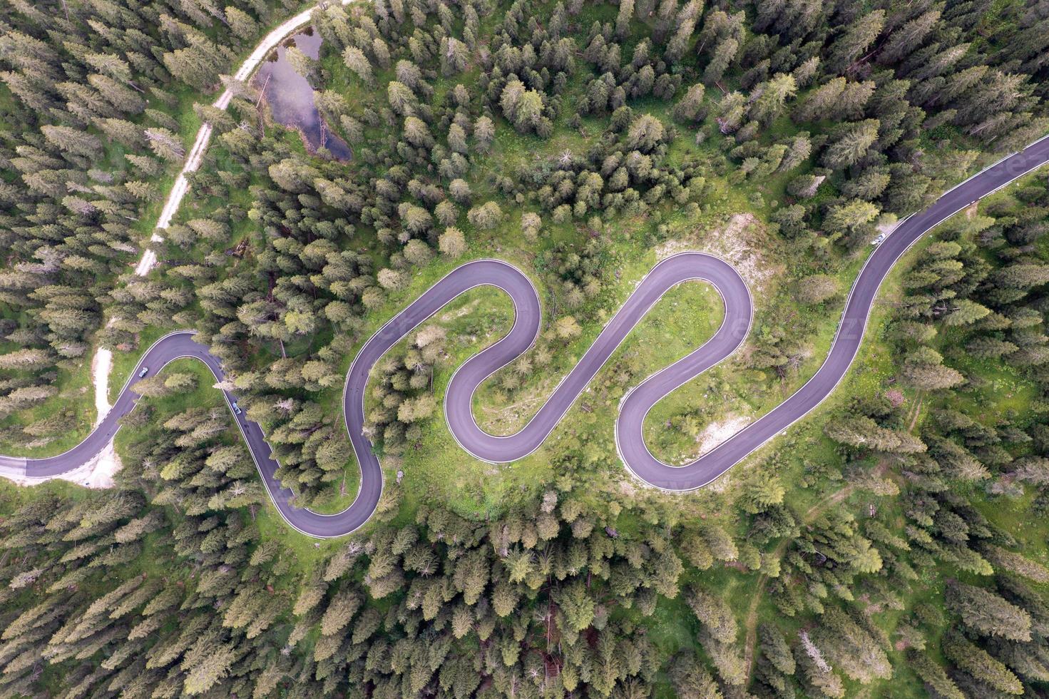 top antenne visie van beroemd slang weg in de buurt passo giau in dolomiet Alpen. kronkelend bergen weg in weelderig Woud met groen net in zomer tijd in de dolomieten, Italië foto