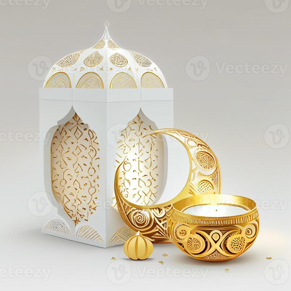 Islamitisch achtergrond, geschenk doos, lantaarn, een goud halve maan maan Aan wit. de ontwerp concept van Ramadan kareem foto