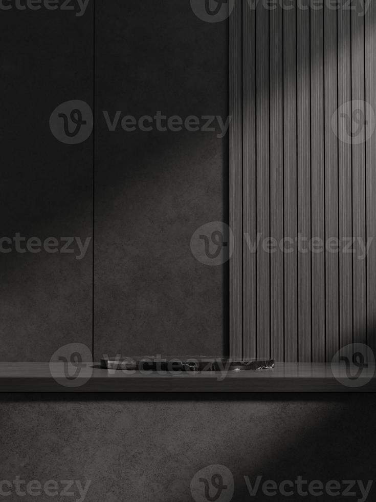 3d zwart marmeren Scherm podium Aan tafel in de donker kamer. 3d renderen van realistisch presentatie voor Product reclame. 3d minimaal illustratie. foto