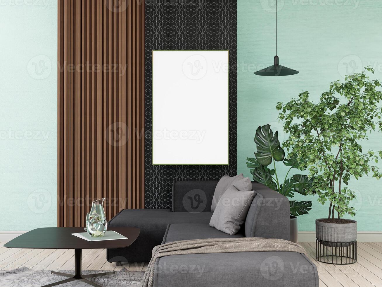 3d illustratie mockup blanco foto kader in leven kamer renderen