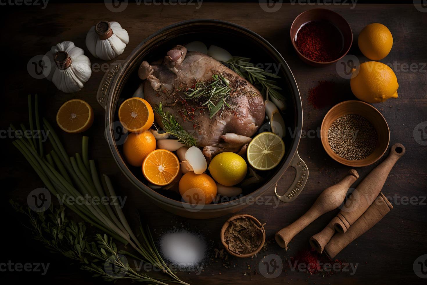 ingrediënten voor geroosterd varkensvlees knokkel in braadpan met specerijen foto