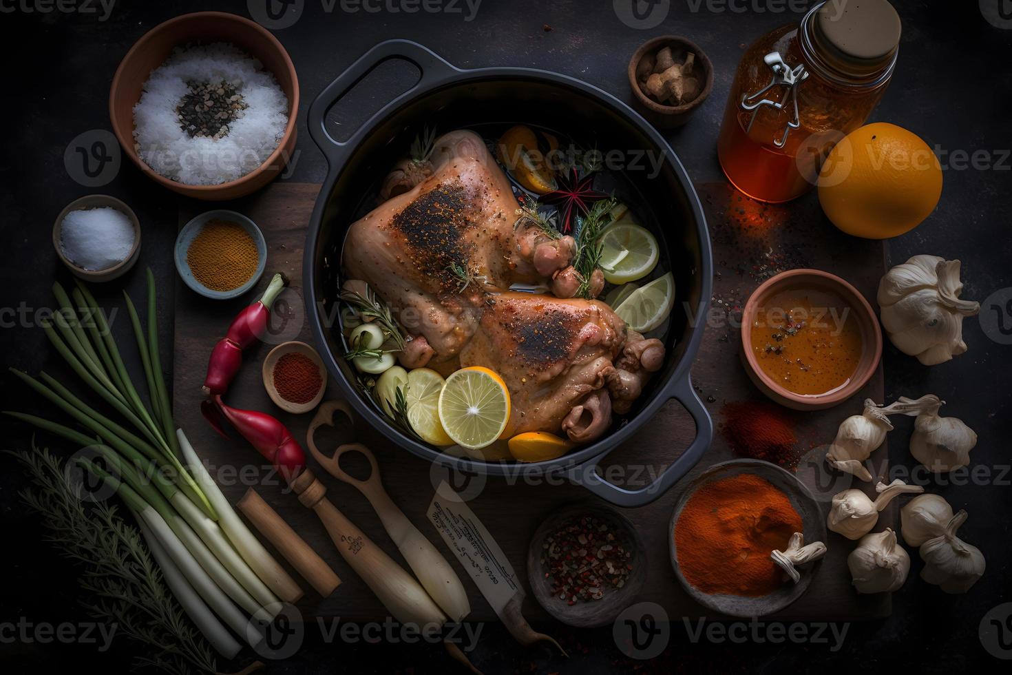 ingrediënten voor geroosterd varkensvlees knokkel in braadpan met specerijen foto