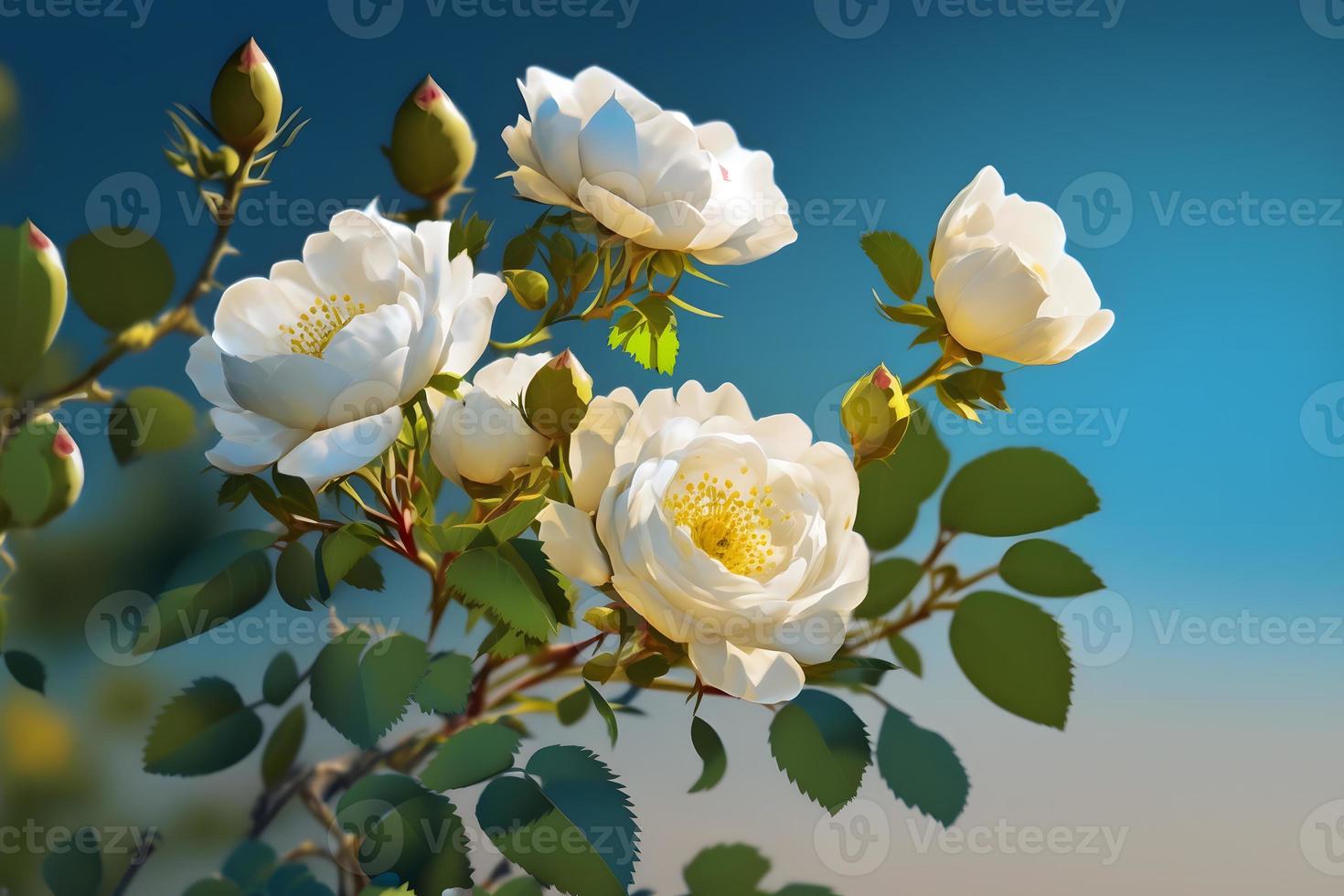 wit struik rozen Aan een achtergrond van blauw lucht in de zonlicht. mooi voorjaar of zomer bloemen achtergrond foto