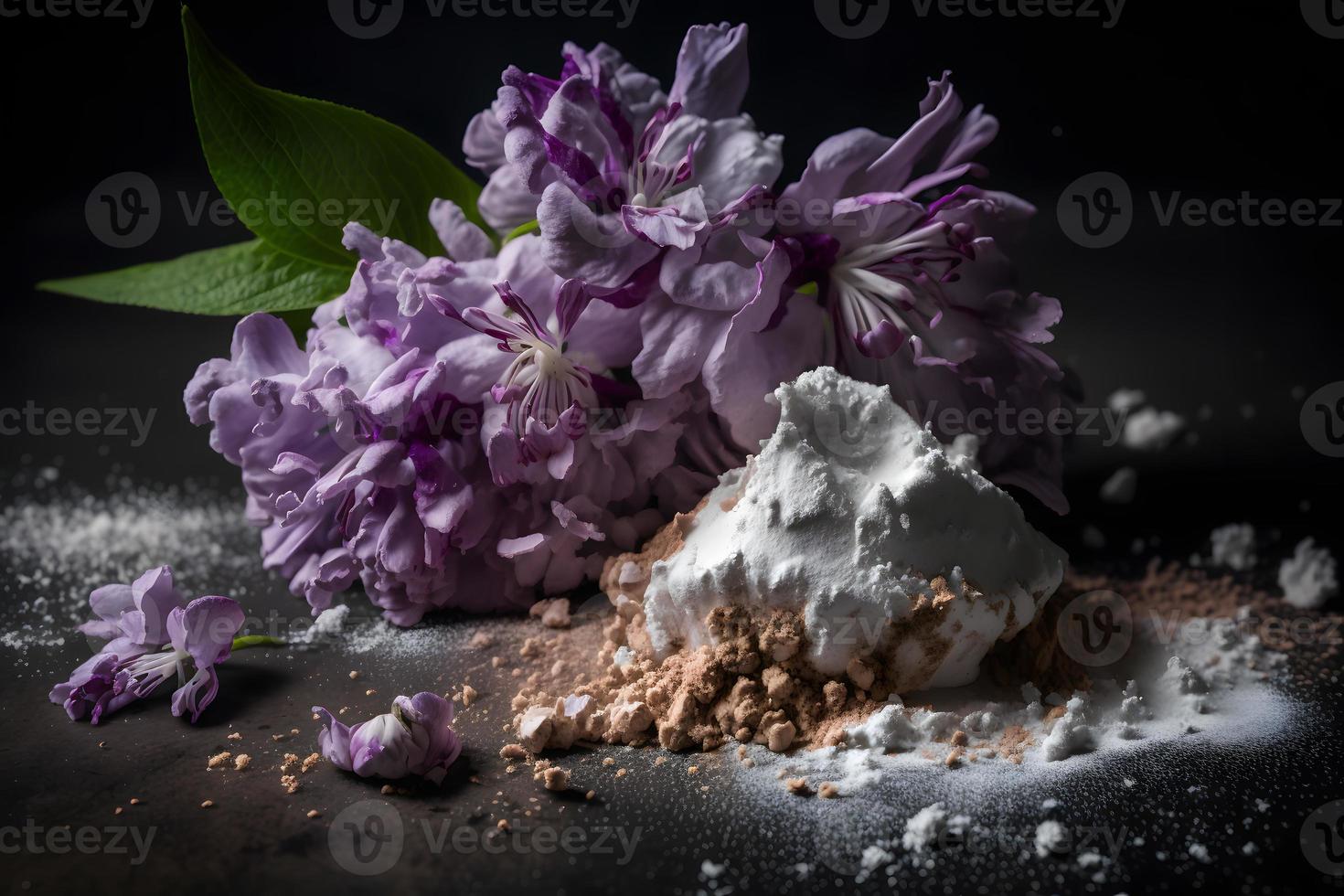 eigengemaakt en smakelijk gebakken lila bloem met gepoederd suiker voedsel fotografie foto