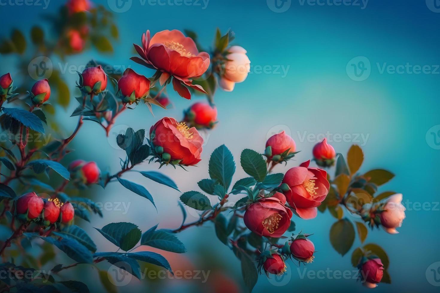 mooi voorjaar grens, bloeiend roos struik Aan een blauw achtergrond. bloeiend roos heupen tegen de blauw lucht foto