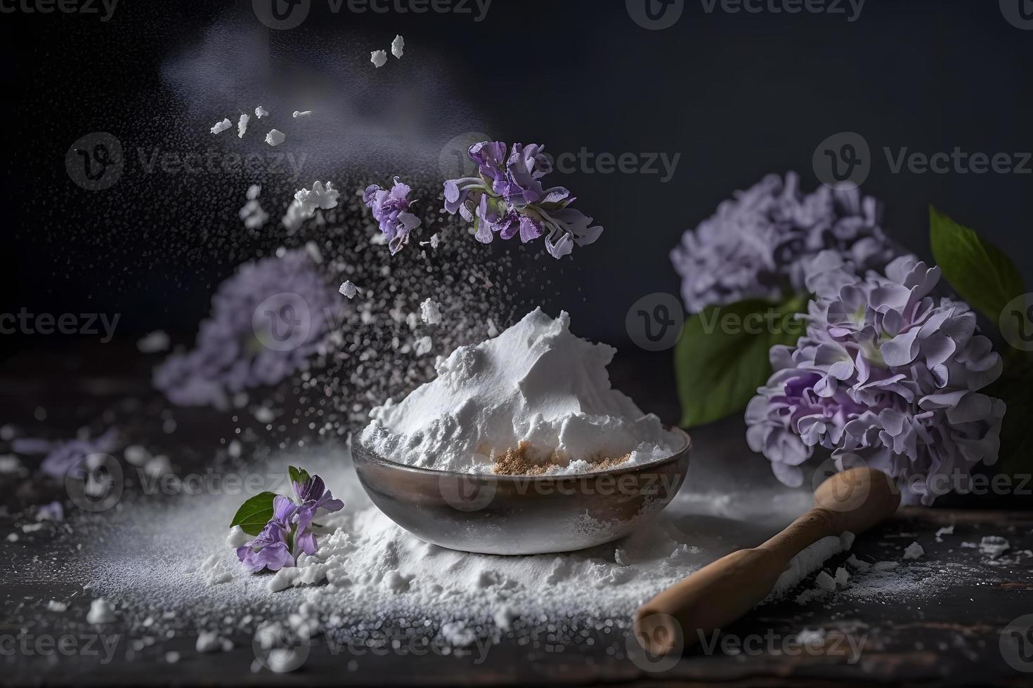 voorbereiding voor gebakken lila bloem met gepoederd suiker. zoet toetje fotografie foto
