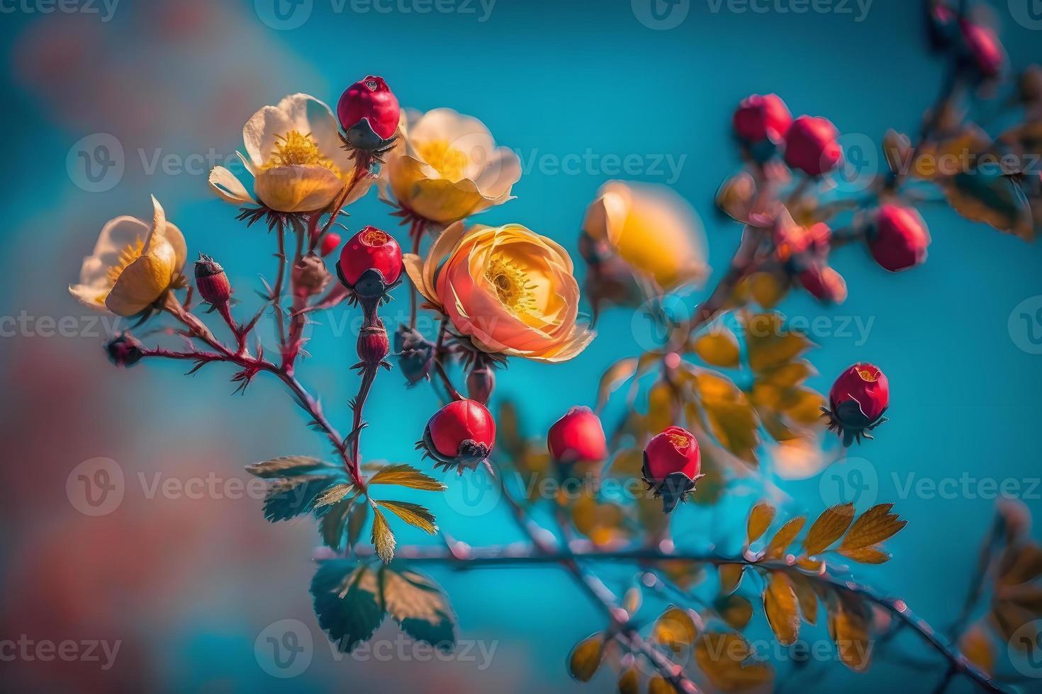 mooi voorjaar grens, bloeiend roos struik Aan een blauw achtergrond. bloeiend roos heupen tegen de blauw lucht foto