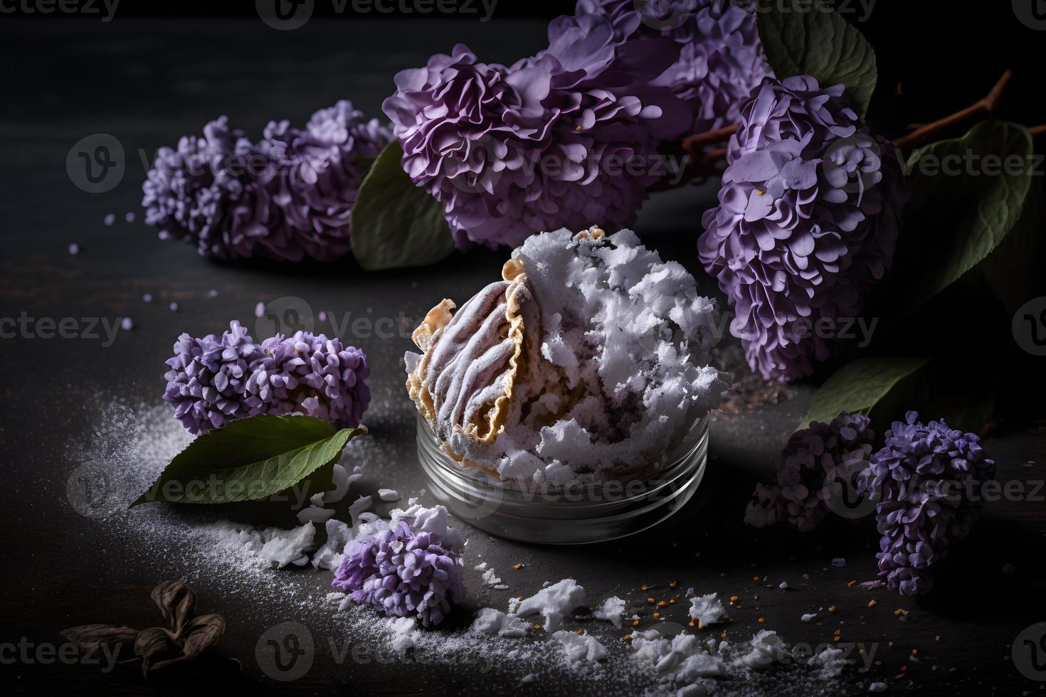 voorbereiding voor gebakken lila bloem met gepoederd suiker. zoet toetje fotografie foto