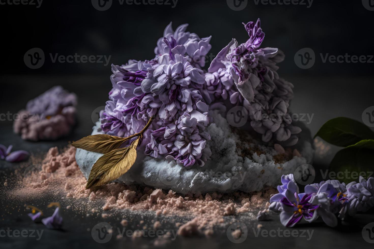 voorbereiding voor gebakken lila bloem met gepoederd suiker. zoet toetje fotografie foto