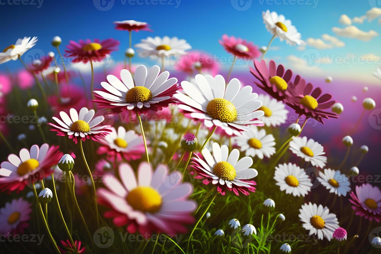 weide met veel van wit en roze voorjaar madeliefje bloemen in zonnig dag foto