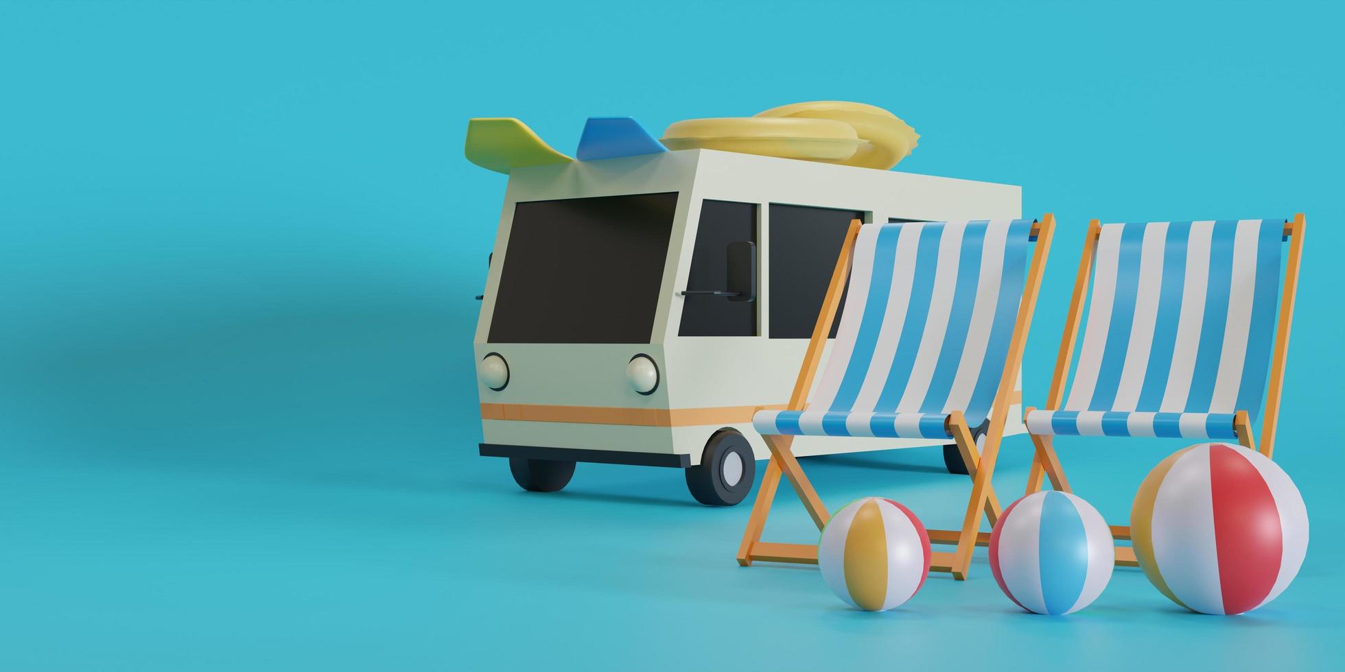 zomer vakantie concept, reizen naar de strand door busje draag- reizen met palm boom Aan blauw achtergrond, 3d illustratie foto