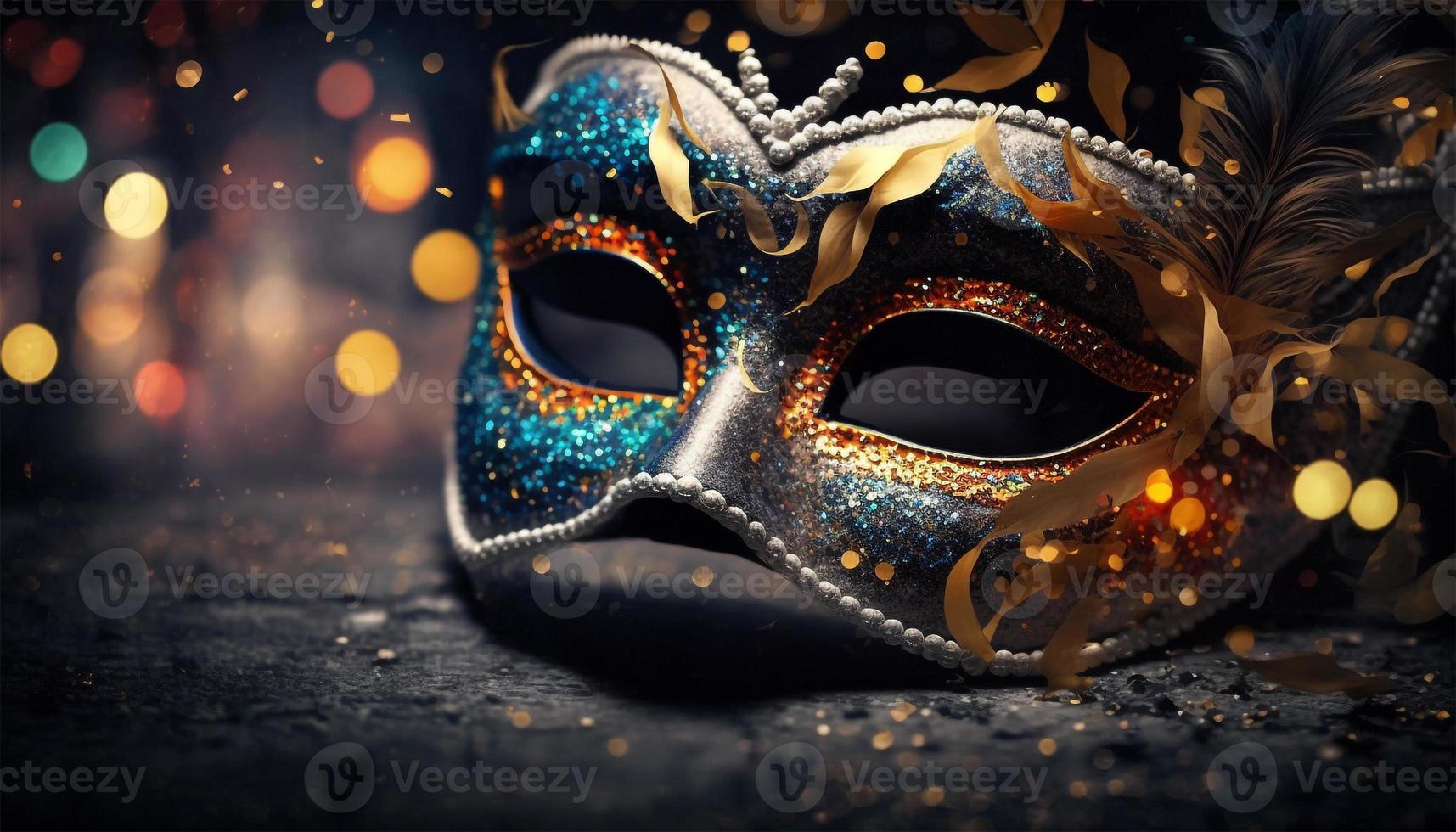 carnaval feest. Venetiaanse masker Aan donker bokeh achtergrond. festival decoratie. foto