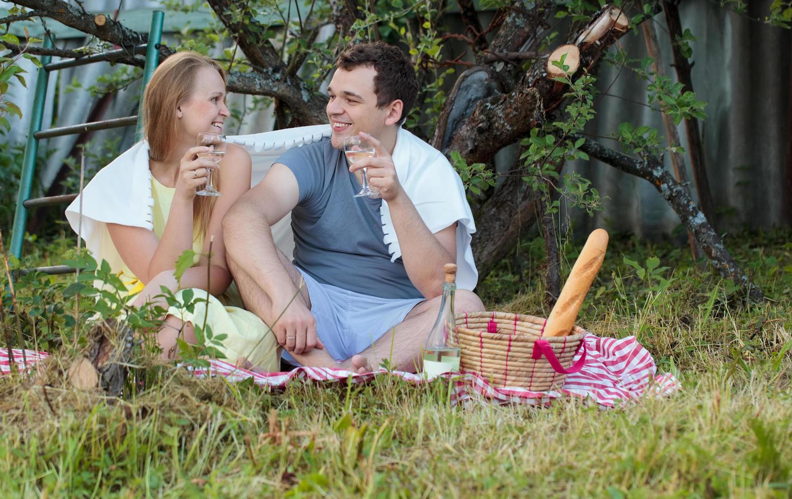 jong stel genieten van een picknick foto