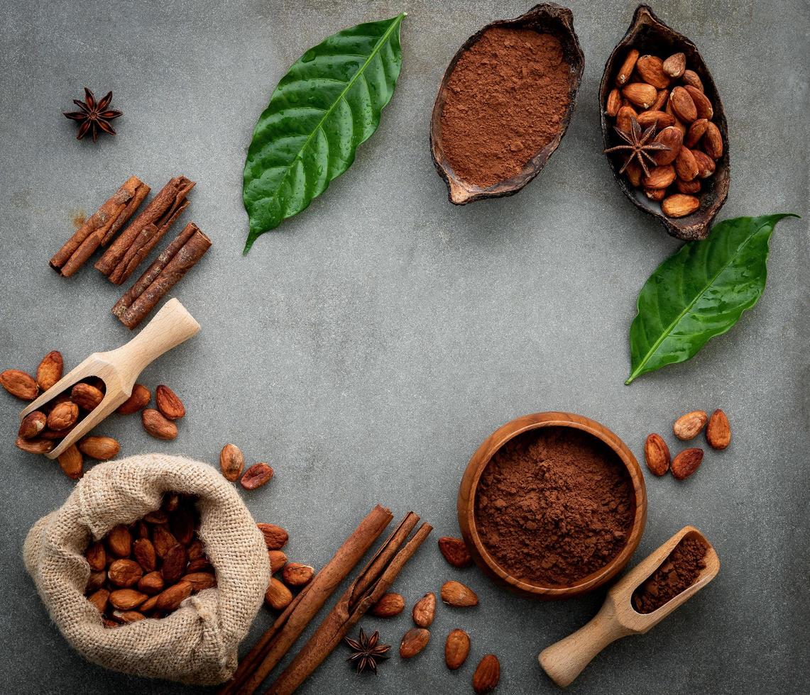 cacaopoeder en cacaobonen op een concrete achtergrond foto