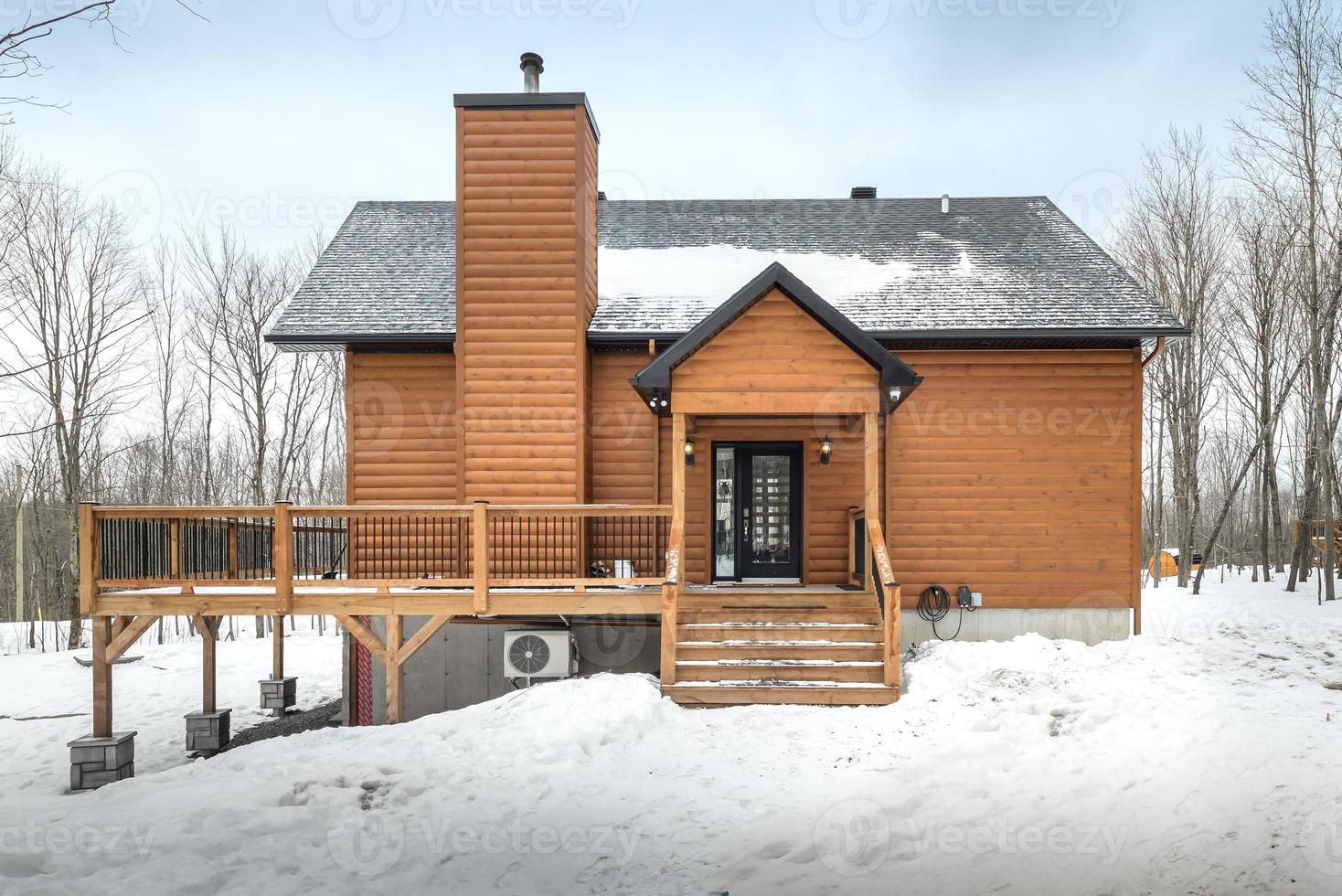 winter huisjes in afgelegen Oppervlakte quebec, Canada, log huis met sauna, spa, slaapkamers, zwembad, leven kamer, messanine, keuken en badkamers foto