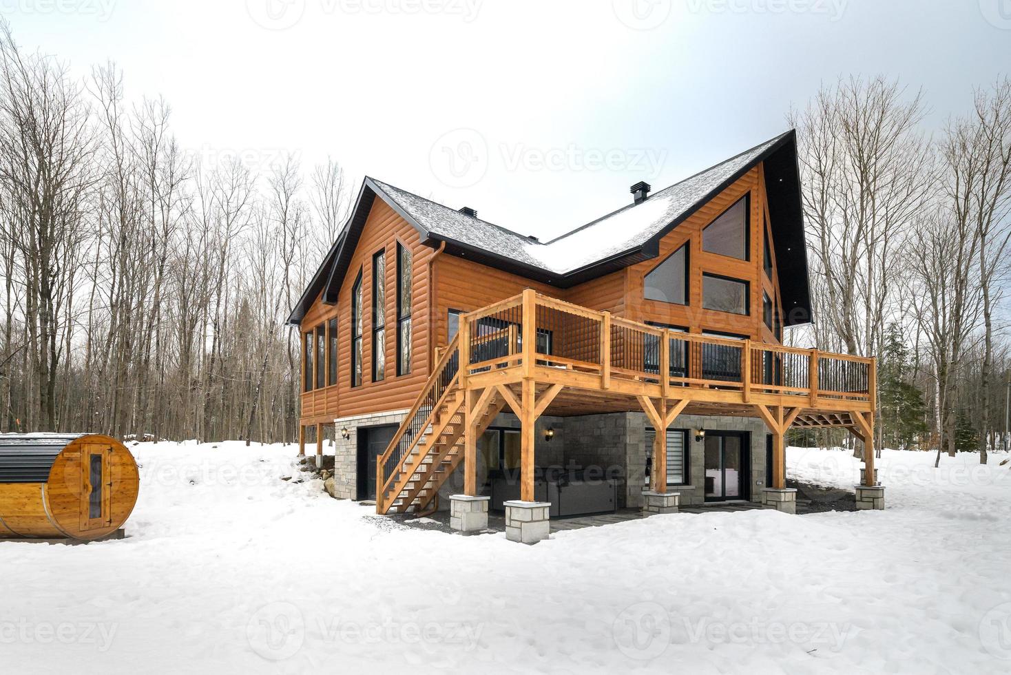 winter huisjes in afgelegen Oppervlakte quebec, Canada, log huis met sauna, spa, slaapkamers, zwembad, leven kamer, messanine, keuken en badkamers foto