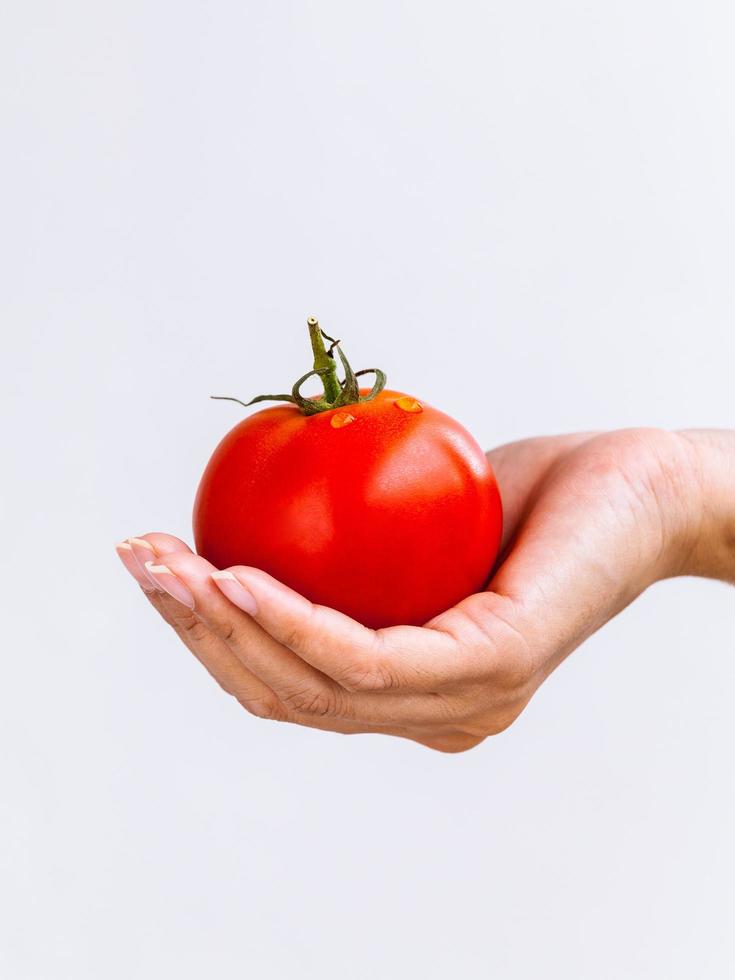 hand met een tomaat foto