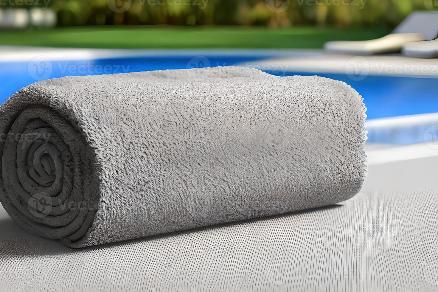 schoon grijs kleur rollen handdoek mooi hoor en netjes stack elk andere Bij de fitheid, bad, zwemmen, zwemmen zwembad kant voor afzet achtergrond en ontwerp materiaal. foto