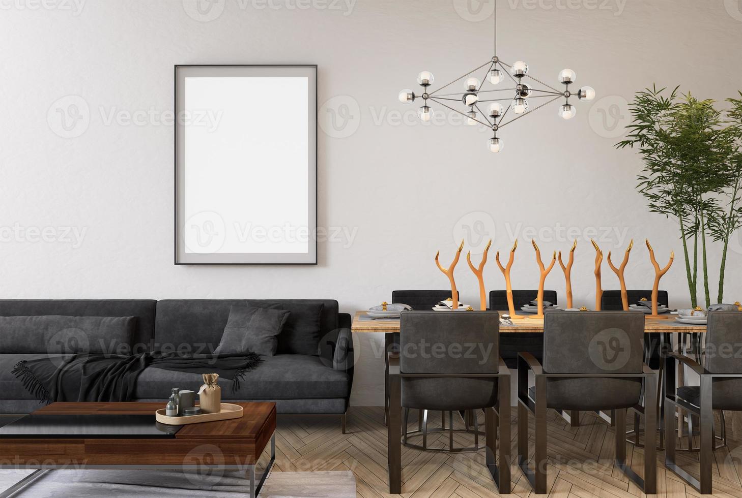 3d illustratie mockup blanco foto kader in dining kamer renderen