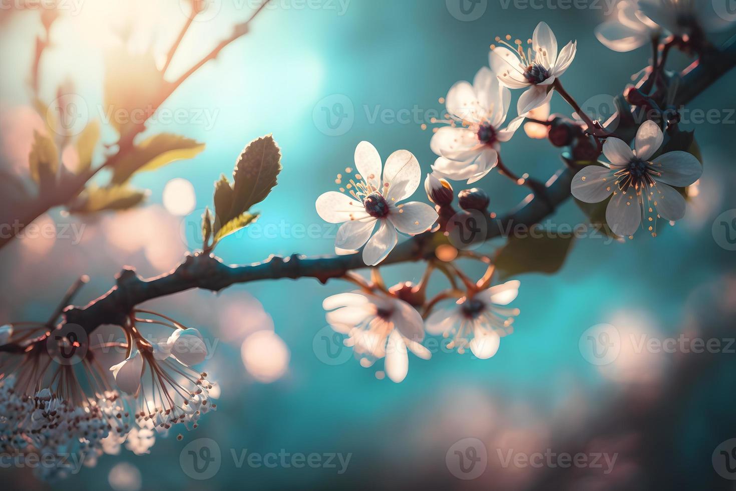 foto's takken van bloeiende kers macro met zacht focus Aan teder licht blauw lucht achtergrond in zonlicht met kopiëren ruimte. mooi bloemen beeld van voorjaar natuur, fotografie foto