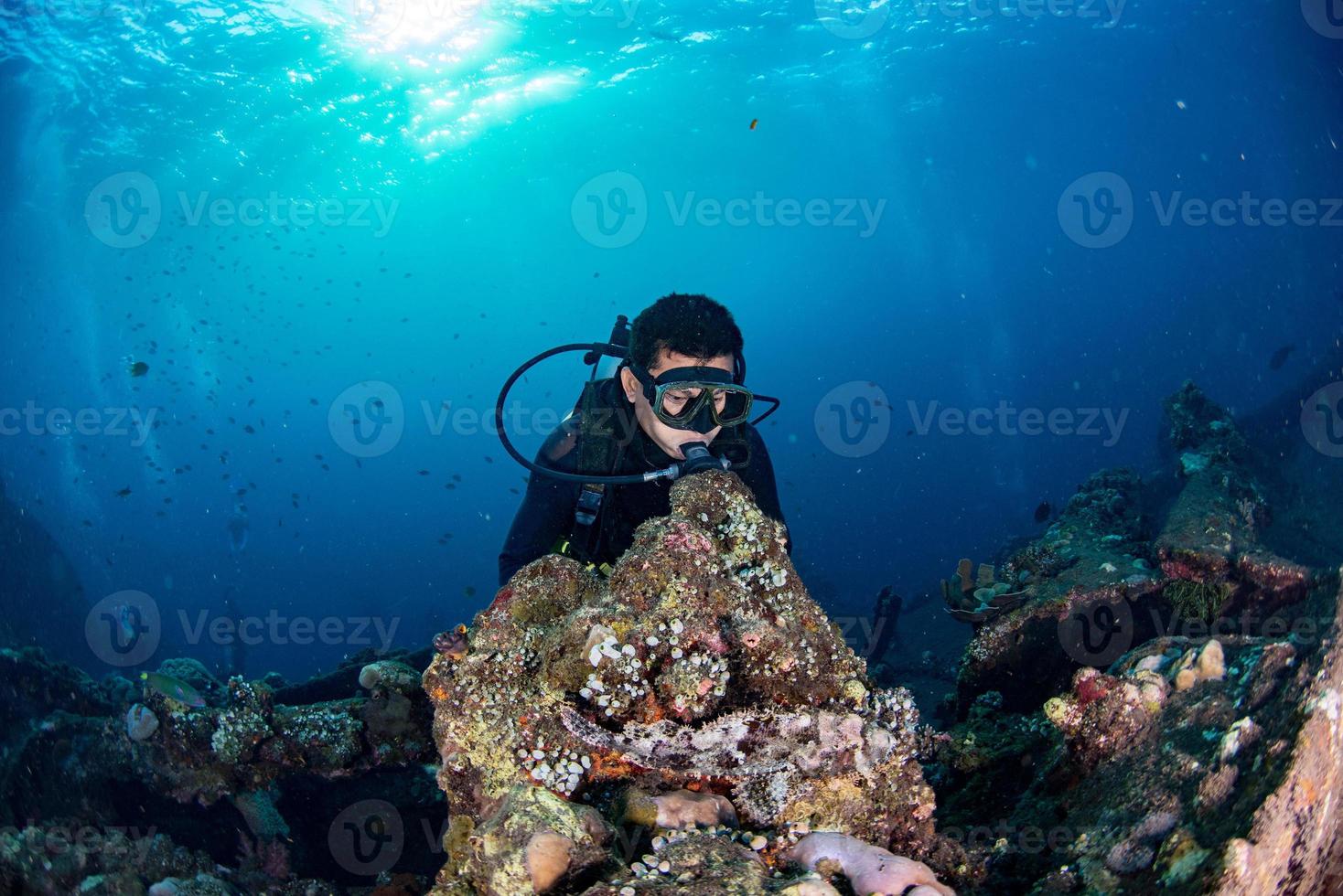 scuba duiker onderwater- in de buurt steen vis in de oceaan foto