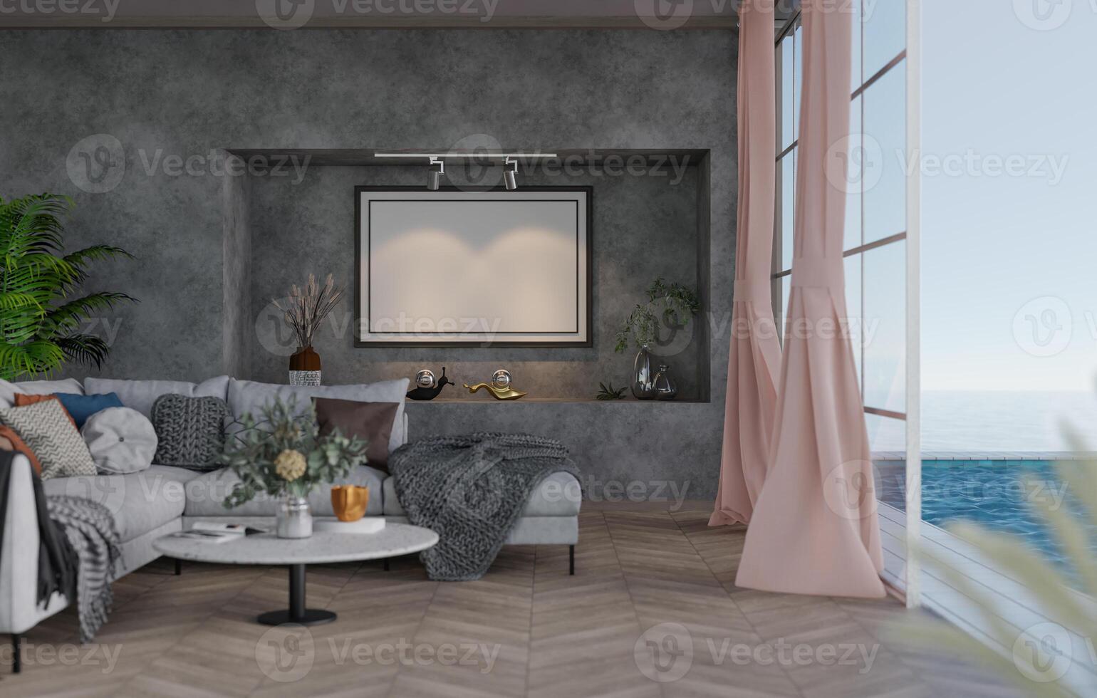 3d mockup blanco foto kader in leven kamer renderen