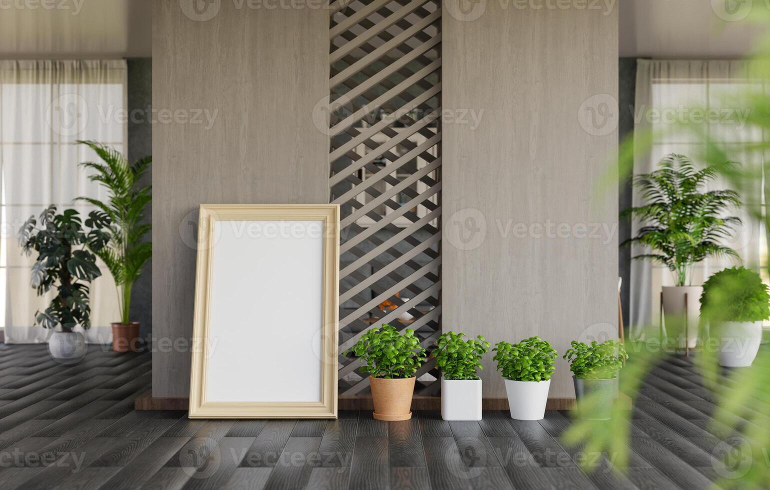 3d mockup blanco foto kader in leven kamer renderen