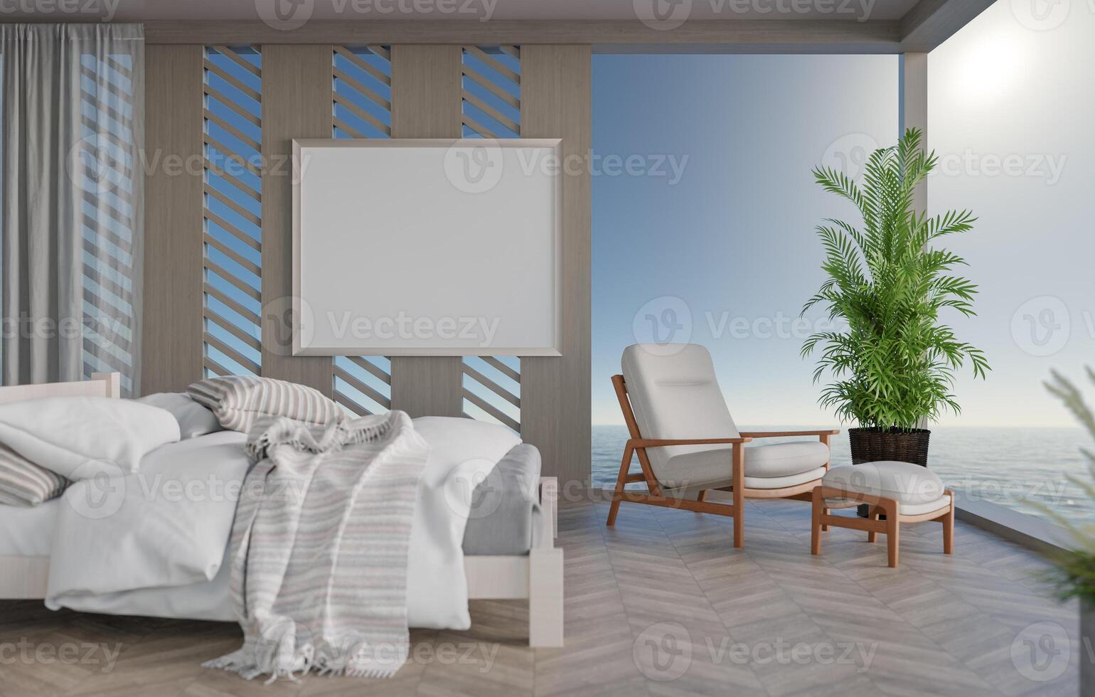 3d mockup blanco foto kader in slaapkamer Bij zwembad villa