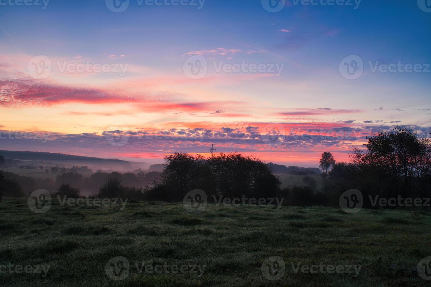 zonsopkomst over- een naburig Woud met weide in de voorgrond. weiland landschap foto