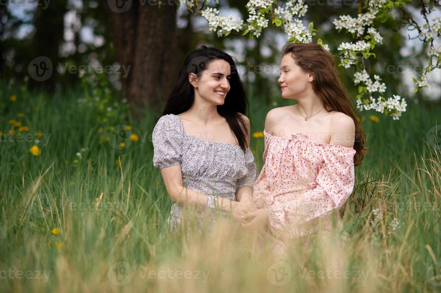 twee jong meisjes in jurken zijn zittend Aan de groen gras onder een wit boom en lachend foto