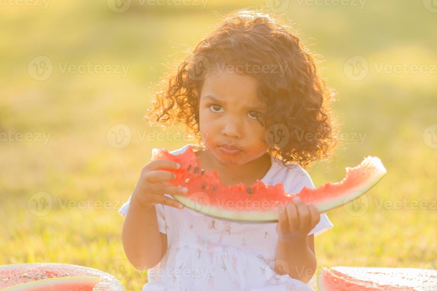 een weinig donker meisje met gekruld haar- in een pale roze jurk eet een watermeloen Aan de gazon. picknick in de park. gelukkig jeugd. ruimte voor tekst. hoog kwaliteit foto