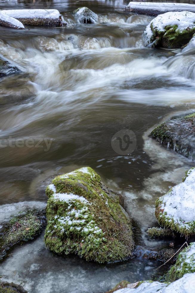 weinig cascade met ijs. rivier- in verkoudheid besneeuwd winter foto