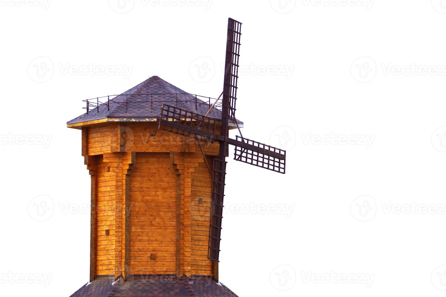 houten model- van een oud windmolen Aan een wit achtergrond. foto