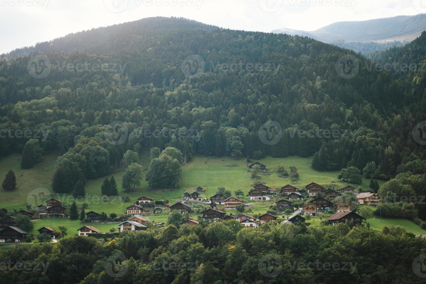 majestueus bergen in de Alpen gedekt met bomen en wolken foto