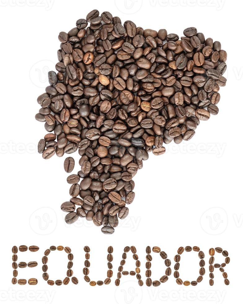 kaart van Equador gemaakt van gebrande koffiebonen geïsoleerd op een witte achtergrond foto