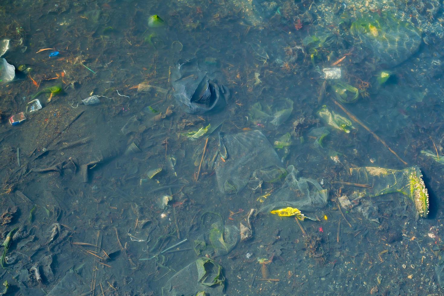 verontreiniging van rivieren en zeeën met plastic verspilling en afval, de risico van leven en de welzijn van ecosystemen, een top visie van de bodem van een vervuild reservoir, een dag naar zorg voor de aarde foto