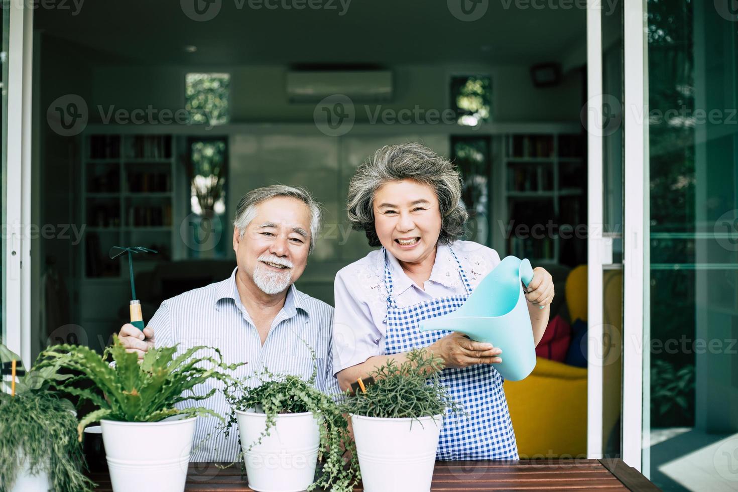 bejaarde echtpaar praten samen en planten van bomen in potten foto