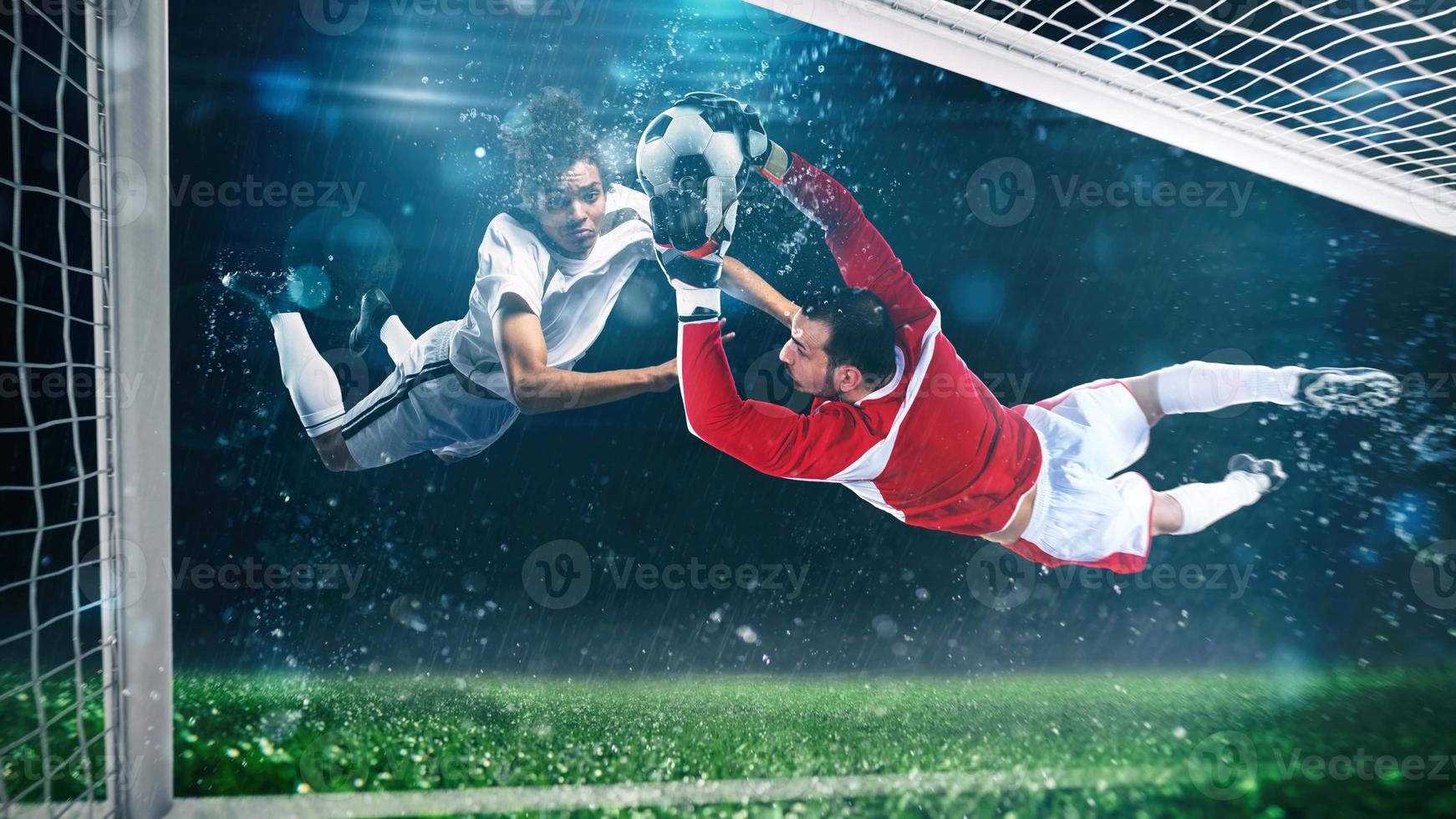 voetbal spits hits de bal met een hoofd schot in de lucht Bij de stadion foto