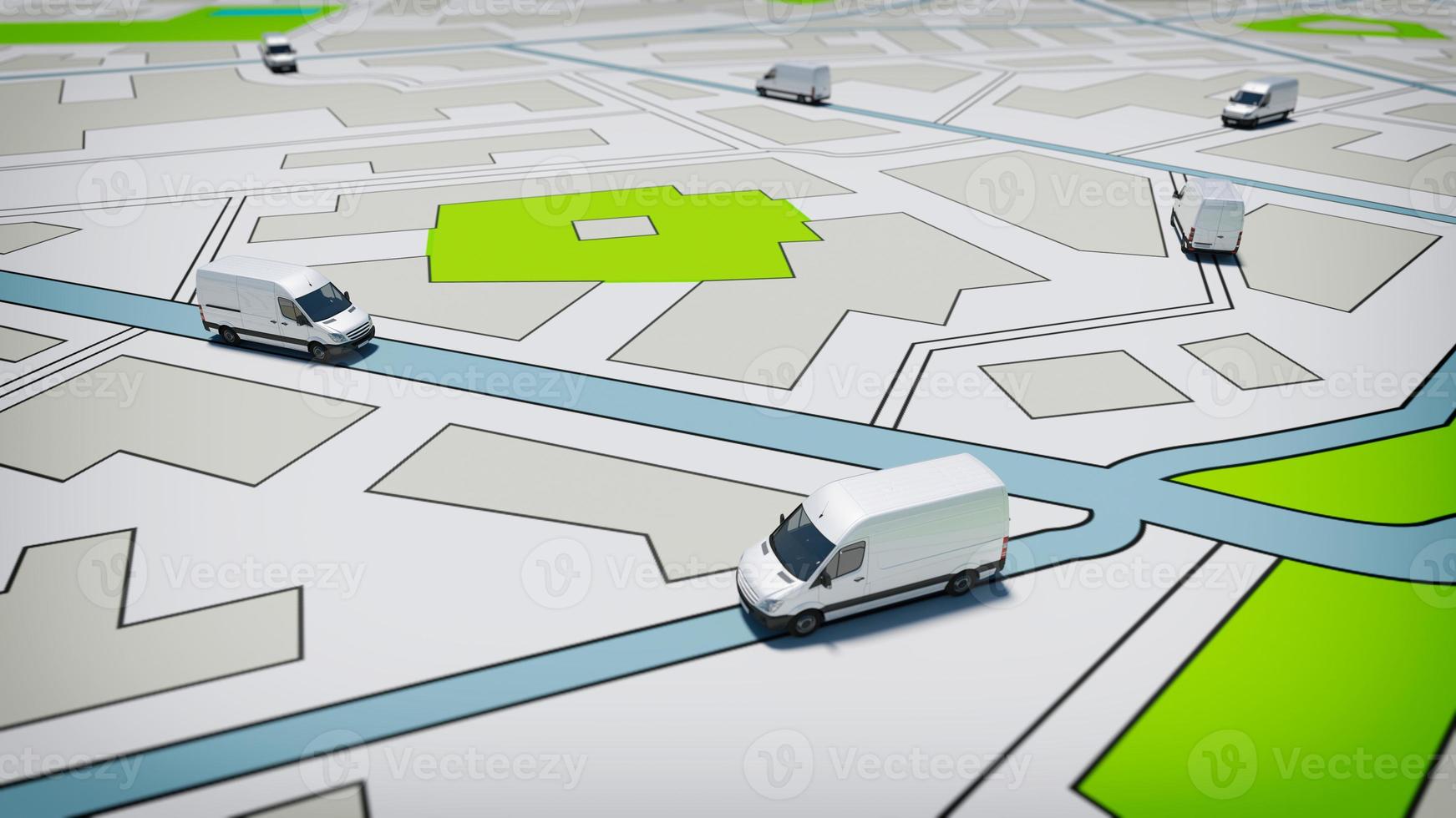 vrachtwagens Aan een weg stad kaart. concept van globaal Verzending en GPS bijhouden foto