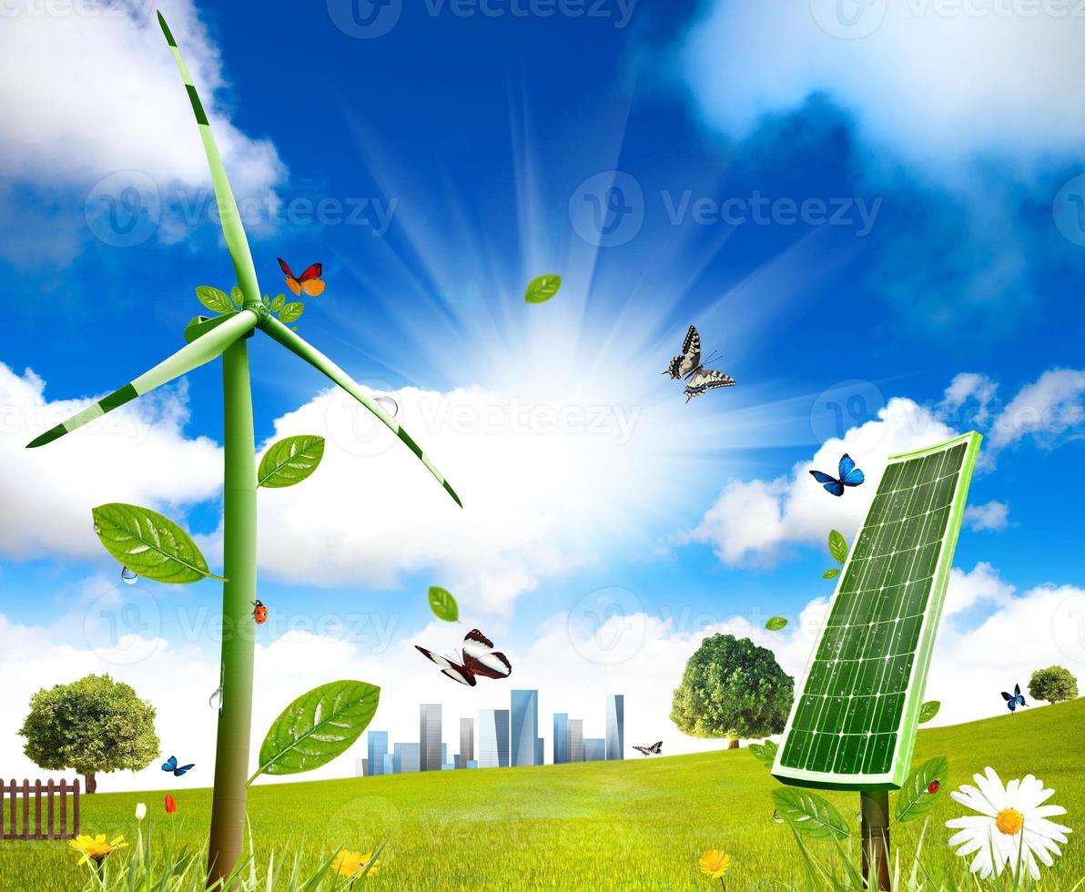 wind turbine en zonne- cel groeit foto
