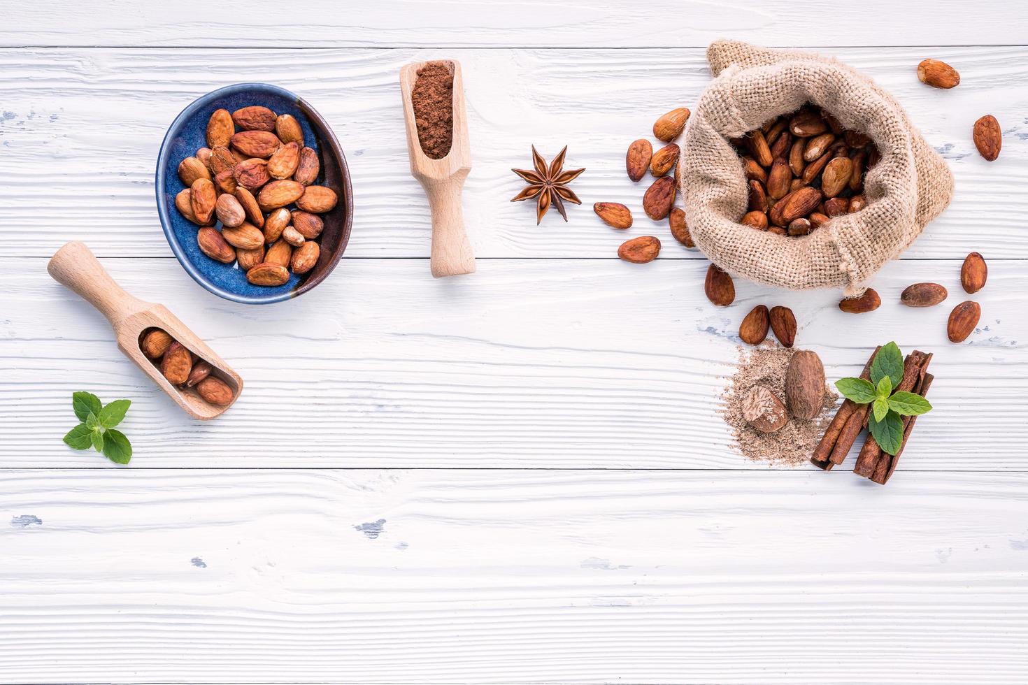 bovenaanzicht van cacaopoeder en cacaobonen foto